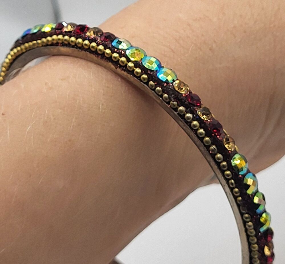 Vintage Rhinestone Bangle Bracelet Multi Color Crystal Inset Boho Stacking Gold